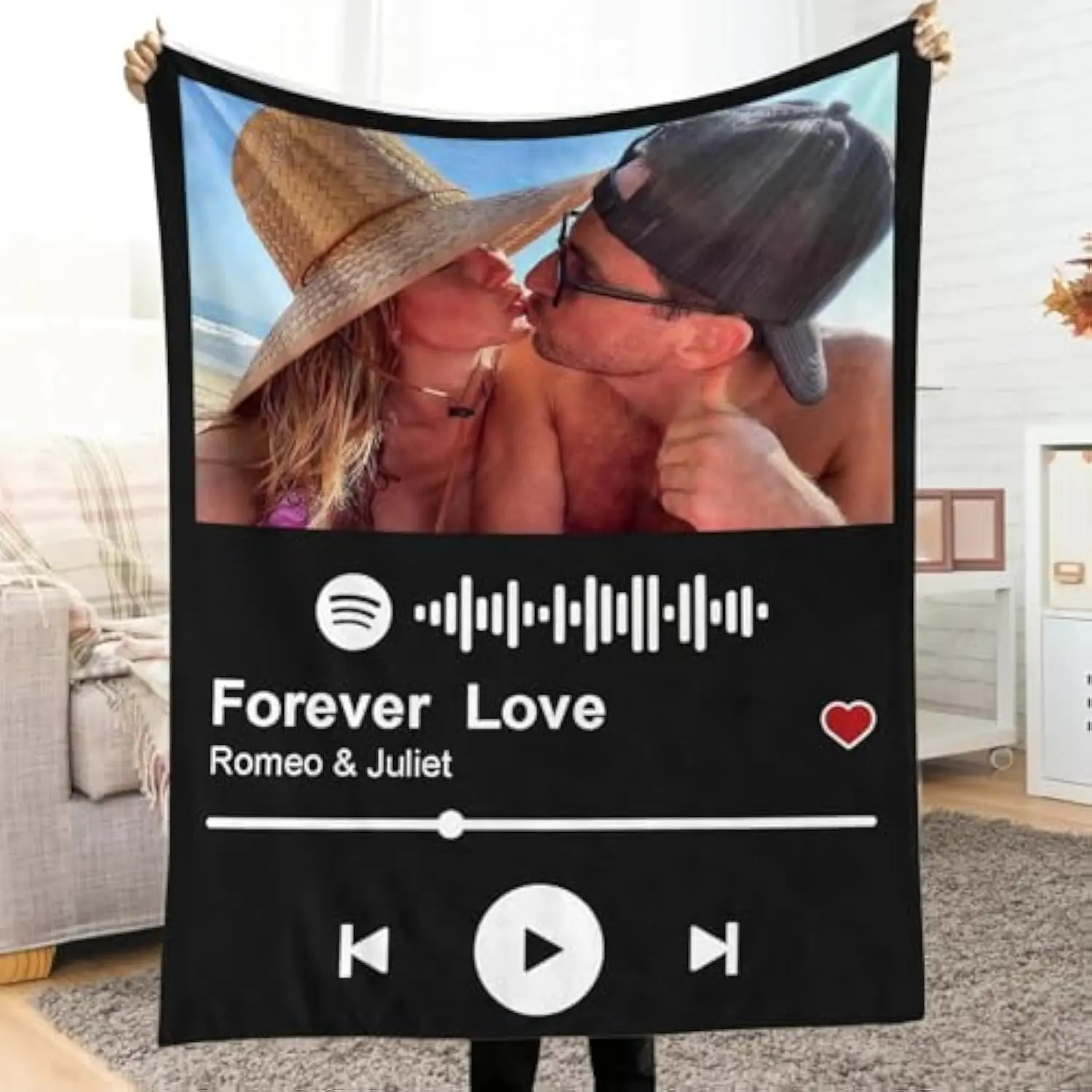 Personalized Spotify Code Music Blanket, Custom Blanket with Picture Text Personalized Photo Throw Blanket for Couples Girlfriend Boyfriend Wife Husband Anniversary Birthday Mom Gifts