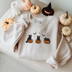 Halloween Black Cat Embroidered Sweatshirt, Pumpkin Fall Embroidery Crewneck, Happy Haunting, Cute Autumn Spooky Season, Bat Tee,Cat Lover Gift