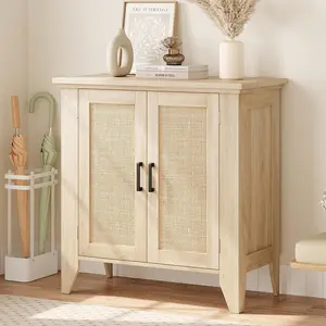 【GARVEE】Rattan Buffet Cabinet, Small Storage Cabinet with Doors and Shelves, Natural Wood Sideboard Accent Console Entryway Cabinet with Storage for Living Room, Dining Room, Hallway