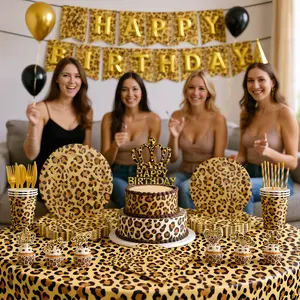 185PCS Cheetah Print Birthday Decorations, Serve 24 Guest Cheetah Birthday Decorations, Leopard Party Supplies Tableware Set with Plates, Cups, Napkins, Tablecloth, Banner and Cutlery (Gold Black)