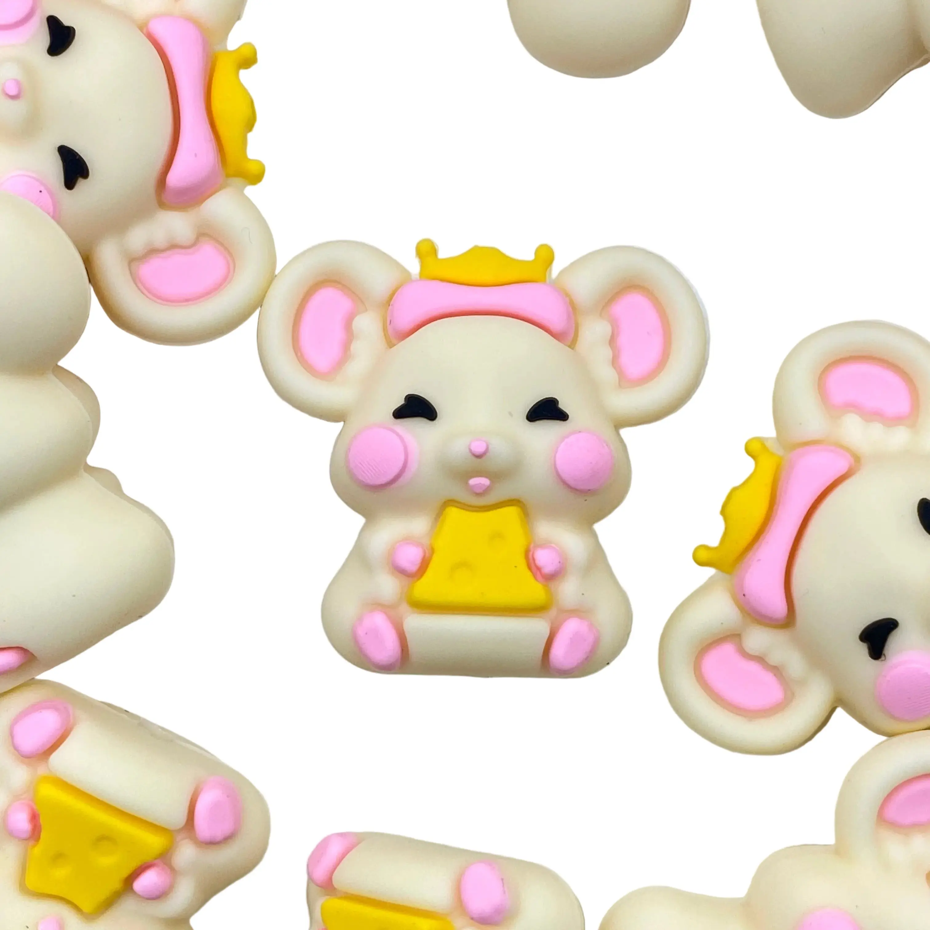 1pc Princess with Tiny Whiskers 3D Silicone Focal Beads - Cute Mouse Shape Bead with Cheese & Crown DIY Supplies