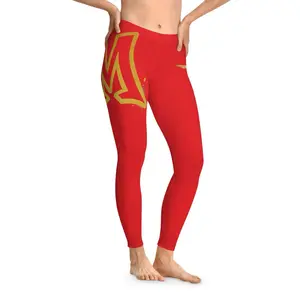 Gold Cross Stretchy Leggings in Red with Bold Gold Logo for Comfort and Style