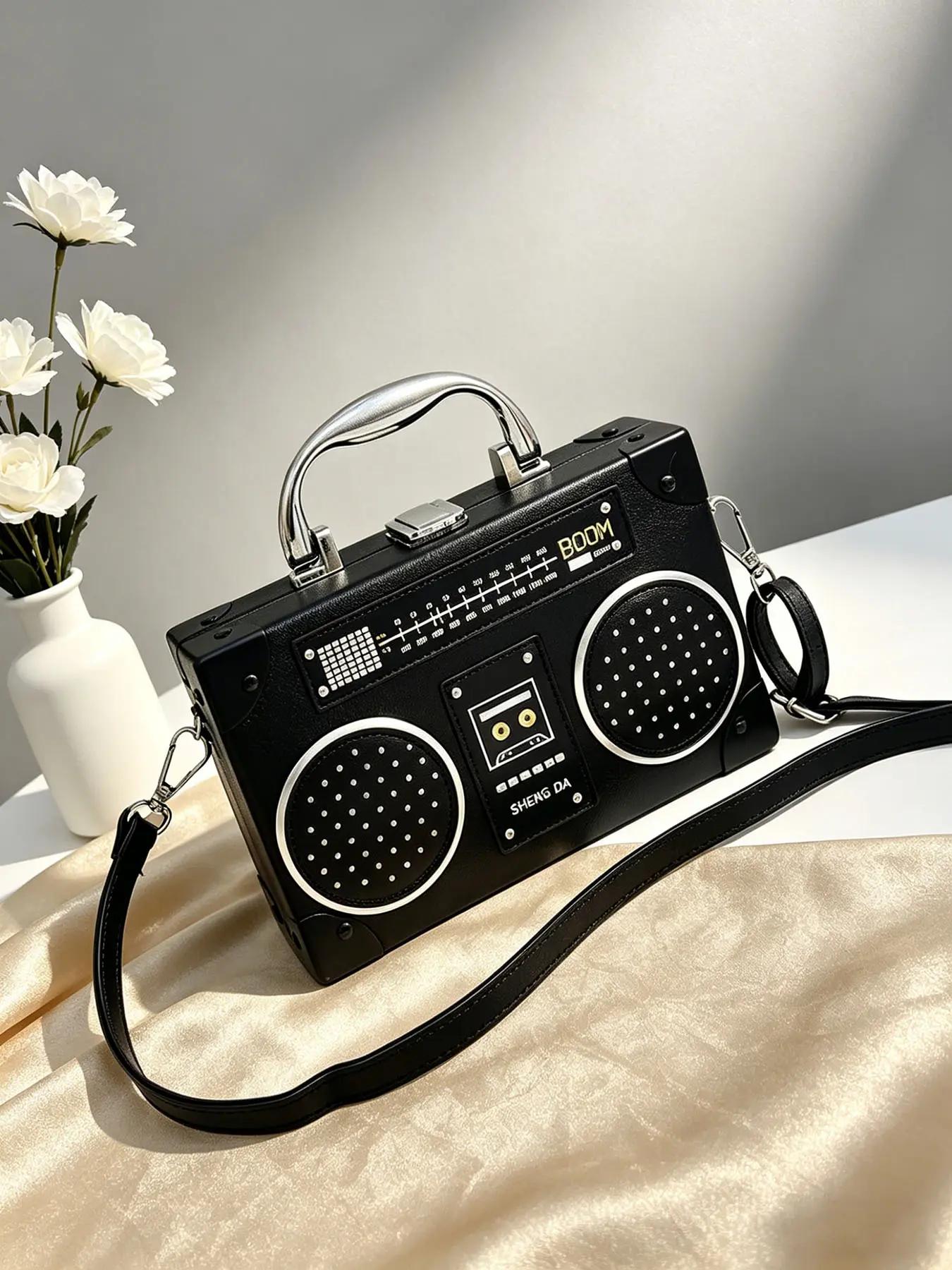 Unisex Funky Boombox Crossbody Bag, Retro Cassette Player Shaped Box Purse with Top Handle, Lightweight Novelty Shoulder Bag for Concerts, Festivals & Casual Wear