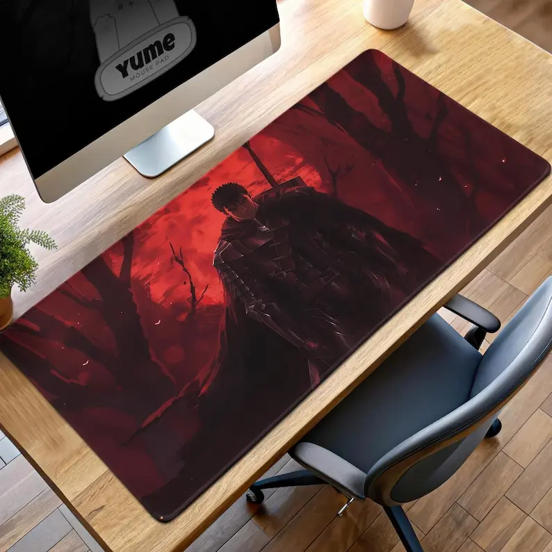 Berserk Guts in Red Forest Gaming Mouse Pad, Anime Desk Mat for Dark Fantasy Fans, Unique Gift for Gamers and Collectors