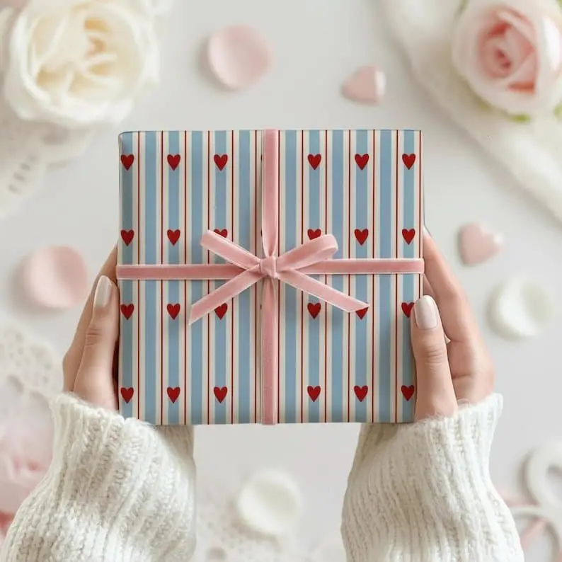 Retro Striped Hearts Wrapping Paper Valentines Day Gift Wrap Blue Red Vintage Inspired Present Wrapping Supplies