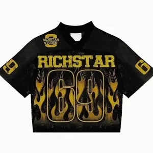 Black Gold Flame Cropped Mesh Football Jersey Unisex V-Neck Streetwear Casual Summer Sports