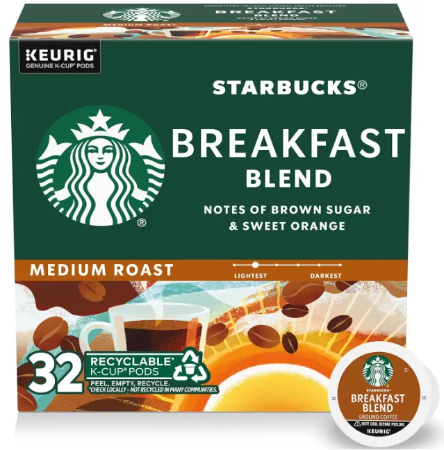 Starbucks Breakfast Blend, Medium Roast K-Cup Coffee Pods, 32 Count K Cups Beverage Sugar