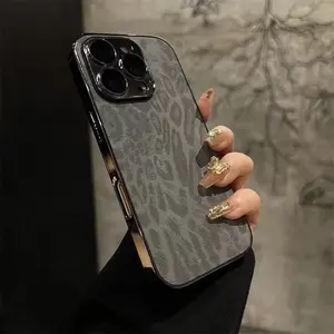 Luxury Plating Leopard Texture Leather Case For iPhone 16 15 14 Plus 13 12 11 Pro Max Lens Protection Shockproof Soft Cover Protective Smartphone