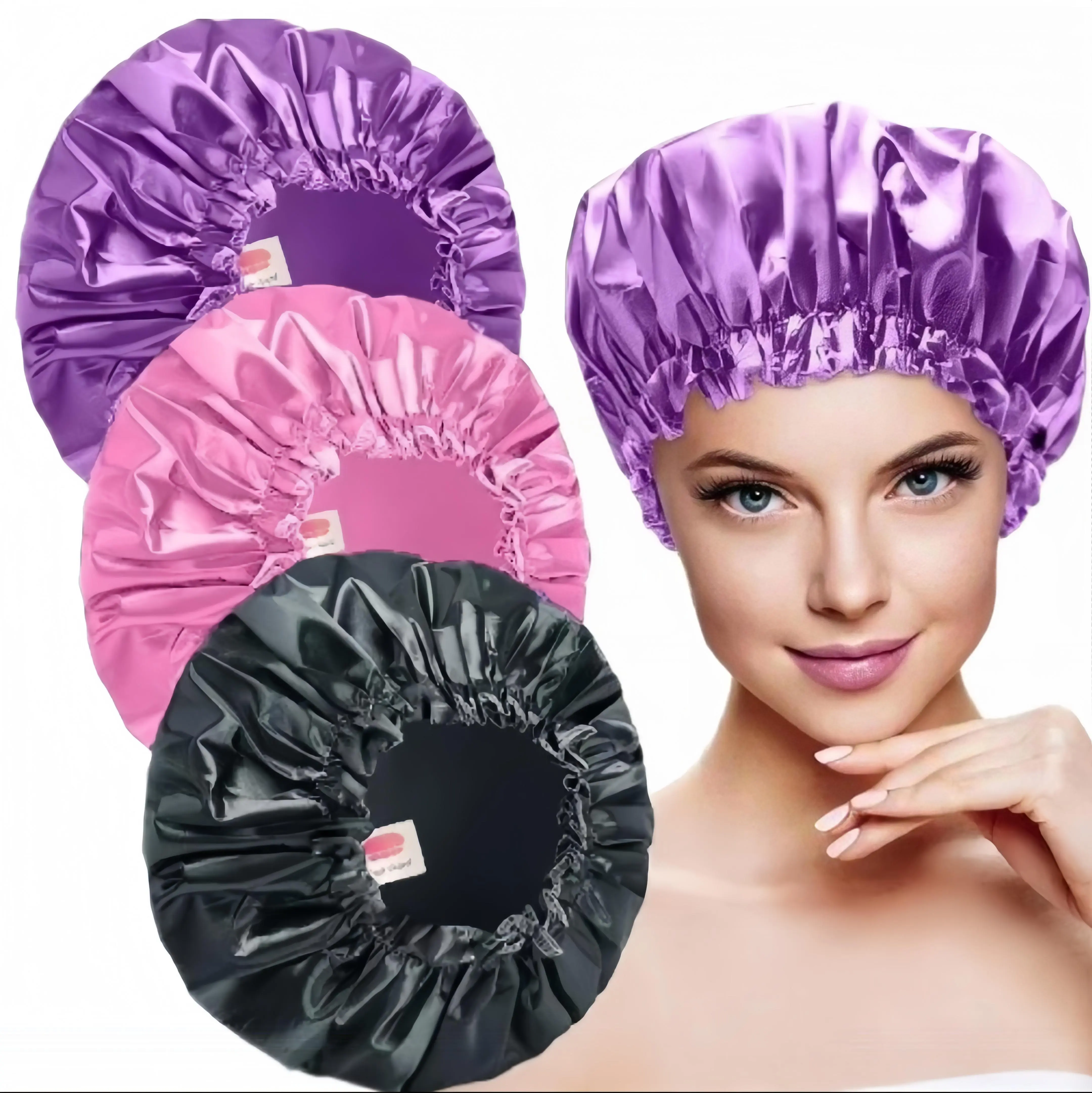 Reuseable 3 pcs Shower Caps, Plastic Elastic Bath Caps, Waterproof Shower Hair Cover