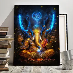 Ganesha Pattern Wooden Framed Canvas Painting, Modern Art Decoration, Living Room Bedroom Wall Decoration, Hallway Office Mural, Home Poster Print, Religious