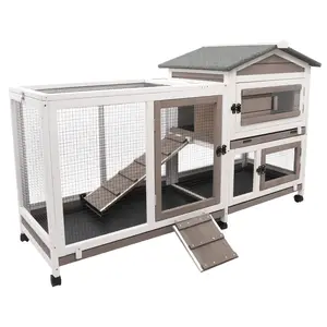 Petscosset Wooden Rabbit Hutch Indoor Outdoor 2 Story Large Bunny Hutch with Run Guinea Pig Cage,  Removable 3 Pull Out Trays Pet House for Small-Medium Animals