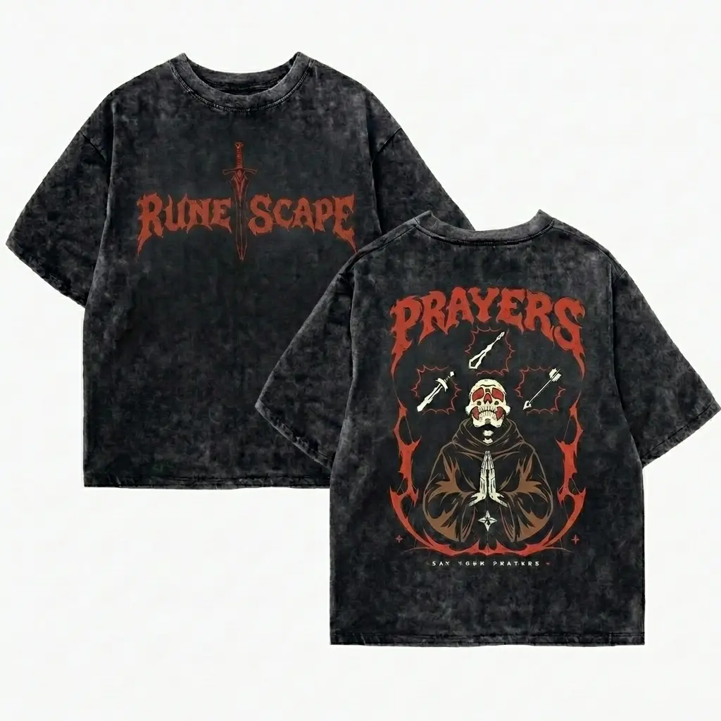 Acid Wash OSRS Say Your Prayers Gamer T Shirt Old School RuneScape Inspired Tee MMORPG Gaming Shirt Dark Fantasy Graphic Tee Funny RPG Shirt Unisex Cotton Tee Gamer Gift for Him Her Retro Gaming Streetwear Casual Outfit Trendy Nerd Apparel