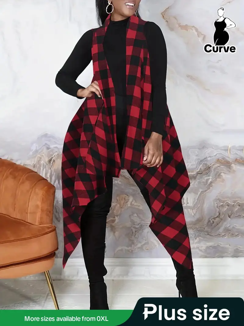 Plus Size Plaid Print Exaggerated Ruffle Trim Open Front Waistcoat, Casual Sleeveless Long Outerwear For Fall & Winter, Women's Clothes For Daily Wear, Fall Clothing