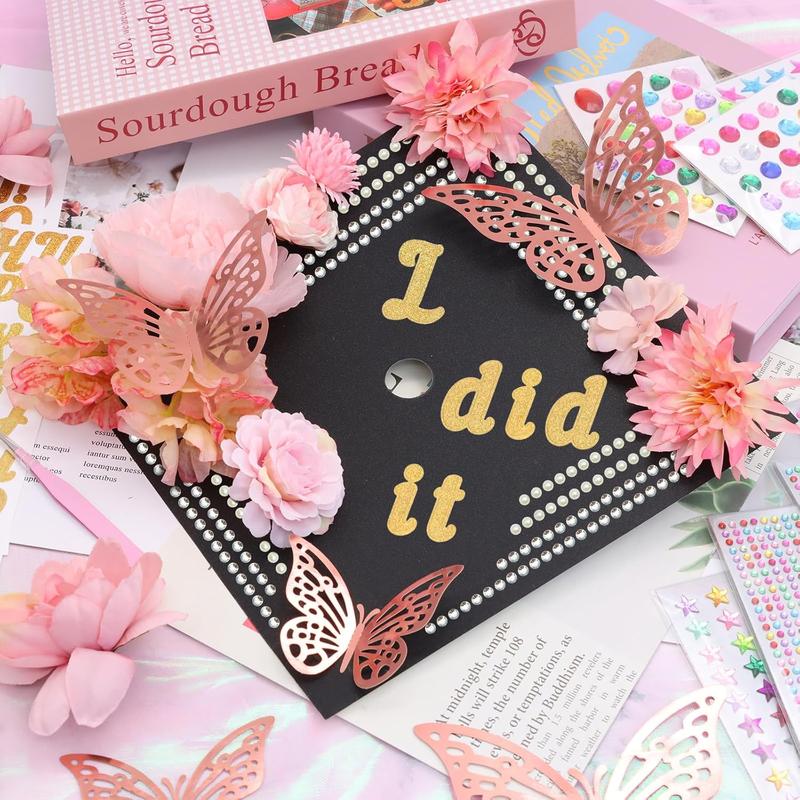 Graduation Cap Decorations Kit Grad Cap Topper Decor Includes Glitter Paper 3D Butterfly Faux Flower Letters Stickers, Cap Decorations for DIY Graduation Cap Topper (Pink)