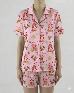 Women's Strawberry Cartoon Print Sleepwear Set, Short Sleeve Button-Up Top & Elastic Shorts, Casual Home Wear for Daily Use