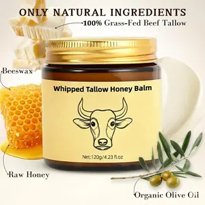 Whipped Grass-Fed Beef Tallow Honey Balm, 4oz Face & Body Moisturizer for Dry Sensitive Skin, Natural Handmade Skincare