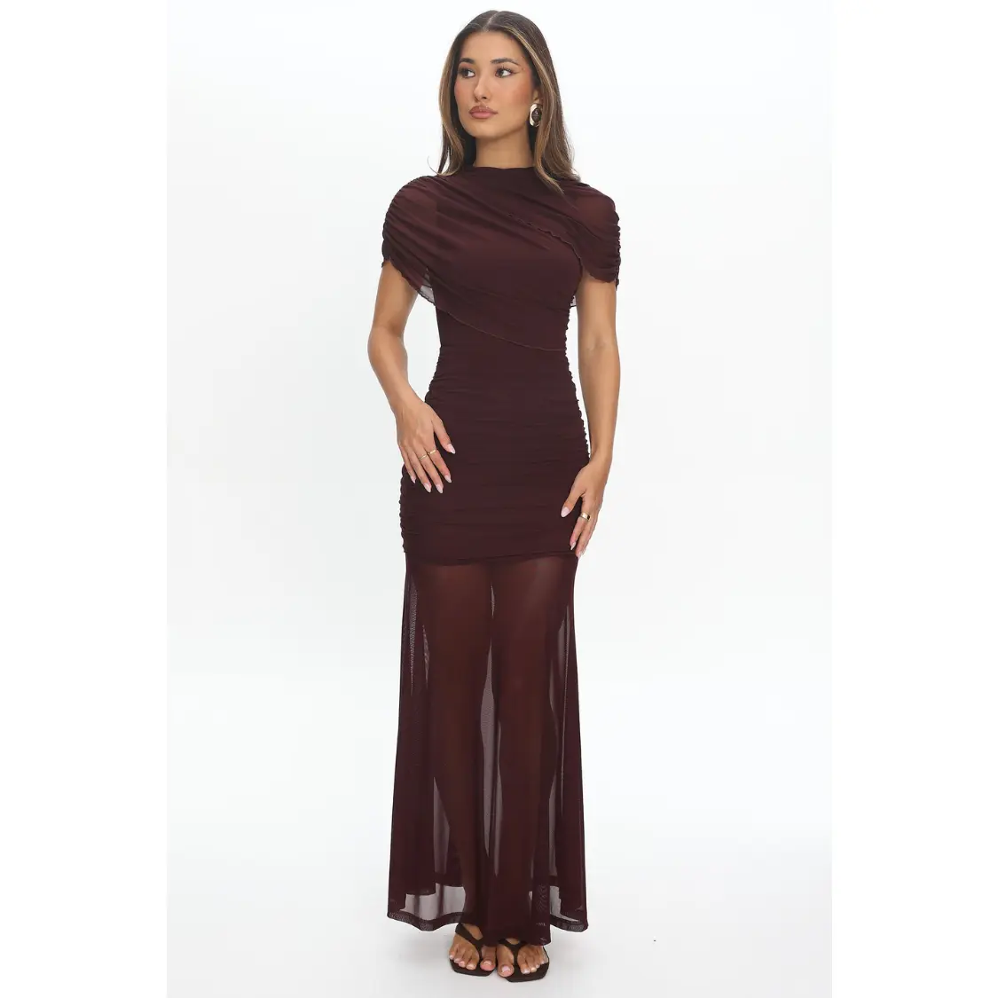 Maris Ruched Cape Maxi Dress - Deep Maroon
