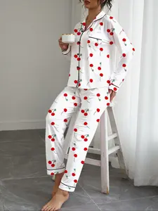 Women's Autumn Winter Pajama Set Loungewear, Nightwear, Womenswear, Pjs, Fruit Cherry Print, Casual Fitted Long Sleeve Top & Elastic Pants, Soft Stretchy Fabric