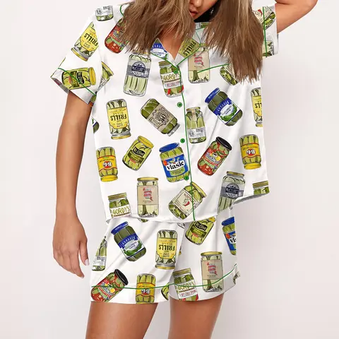 Vintage Canned Pickles Satin Pajama Set For Women Print Comfy Satin Sleepwear & Loungewear Pjs Short Sleeve Top & Bottoms Shorts Without Pockets - SHESHOW