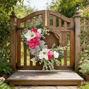 Hydrangea & Mixed Floral Vine Wreath, Artificial Flower Ring with Striped Bow, Farmhouse Style Front Door Decor, Garden Decorations, Striped Bow Accent, Seasonal Decor