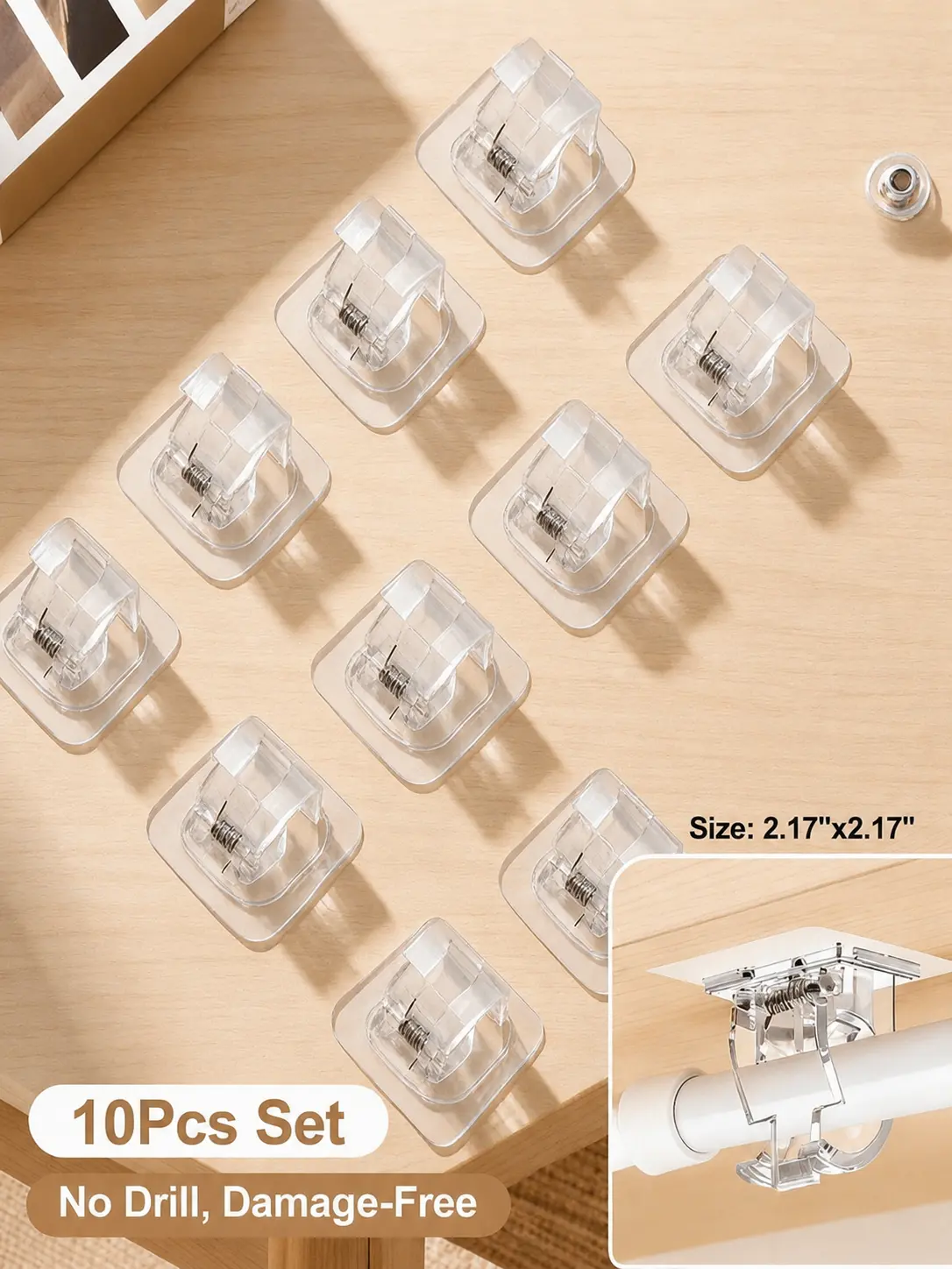 10Pcs Self Adhesive Curtain Rod Holders No Drill, Curtain Rod Brackets with Clips, Renter Friendly Adjustable Drapery Hooks for Damage-Free Hanging, 2.76x2.76 Inch, Nail Free Rod Hanger for Bathroom Kitchen Bedroom Living Room