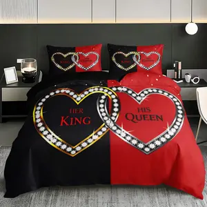 3-Piece Crystal Heart King and Queen Romantic Couple Soft Bedding Set -1 duvet cover+2 pillowcases, all season polyester material, machine washable, digital printing, suitable for home and dormitory decoration