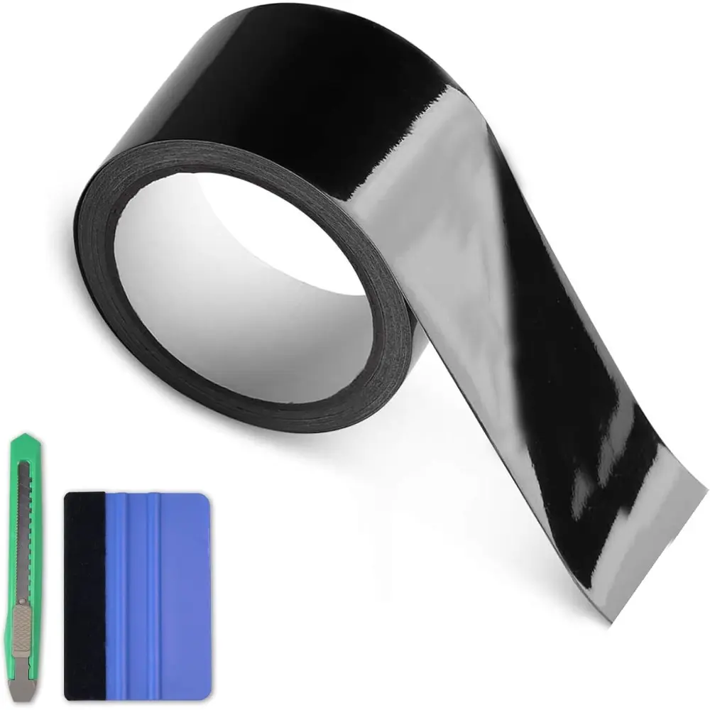 Automotive Gloss Black Self-Adhesive Vinyl Wrap Roll Kit with Tools - Decorations for Car Window Trim, Door Handles, Protection-Focused, Waterproof (2in x 30ft)