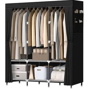Portable Wardrobe Closet – Heavy Duty Steel Frame 19mm – 3 Hanging Rods, 6 Storage Shelves & Side Pockets – Freestanding Closet for Bedroom, Dorm & Apartment – Black/Gray