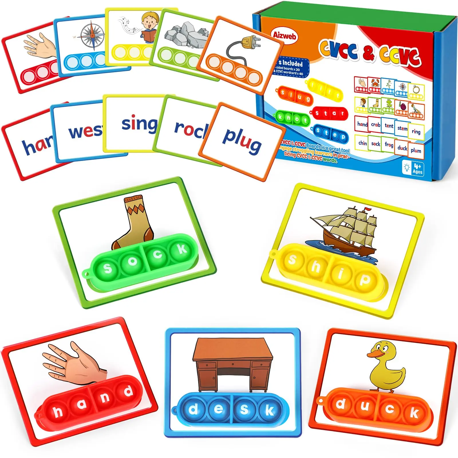 Aizweb CVCC & CCVC Word Game Phonics Flash Cards Learn to Read, Special Education Features, Ideal for Family Activities & Classroom Learning, Educational Study Flashcards for Kids Artificial Synthetic