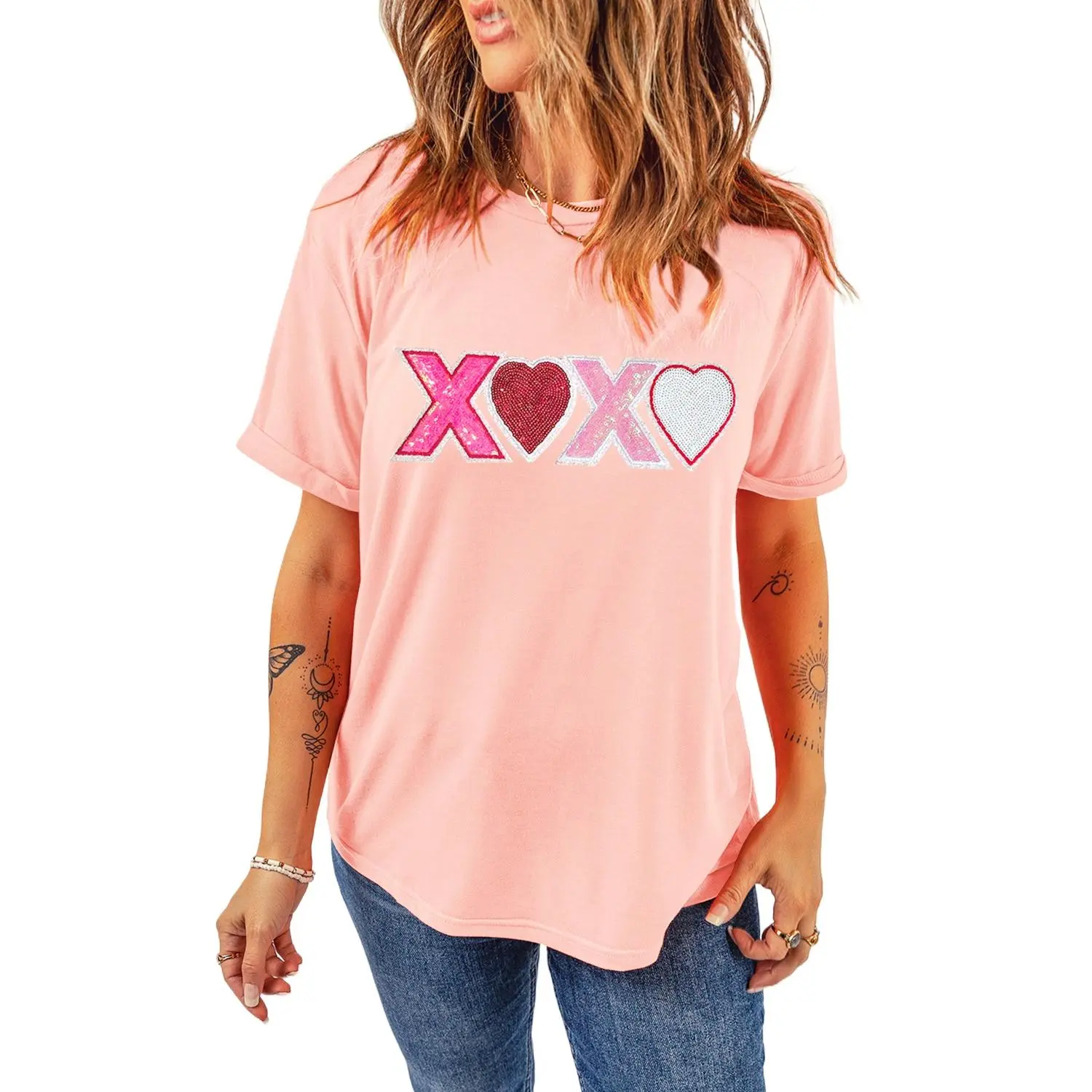 Women's Pink Sequin Heart XOXO Patched Graphic T-Shirt for Valentine's Day