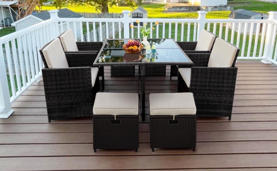 【3 Packages Delivery】Yaheetech 9-Piece Patio Dining Set Outdoor Space Saving Rattan Chairs with Glass Table & Ottomans, Wicker Furniture Set with Removeable Cushions