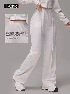 Women's Solid Color Elastic Waist Sports Sweatpants, Casual Fitness Pants, Casual Comfy Wide Leg Trousers for Gym Workout Running, Loose Sweatpants, Knitted Sports Pants