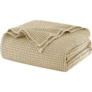 100% Cotton Blanket Queen Size for Bed - and Summer Cooling Lightweight & Breathable Bedding -Soft Waffle Weave Christmas Blanket, Machine Washable,Warm Brown,90x90 Inches