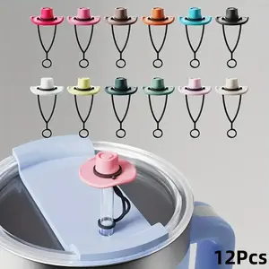 Cute Cowboy Hat Design Silicone Straw Cover, Straw Spout Lid, 12pcs Random Color Reusable Decorative Lid for Drinks, Durable Drinkware Accessories for Home & Outdoor
