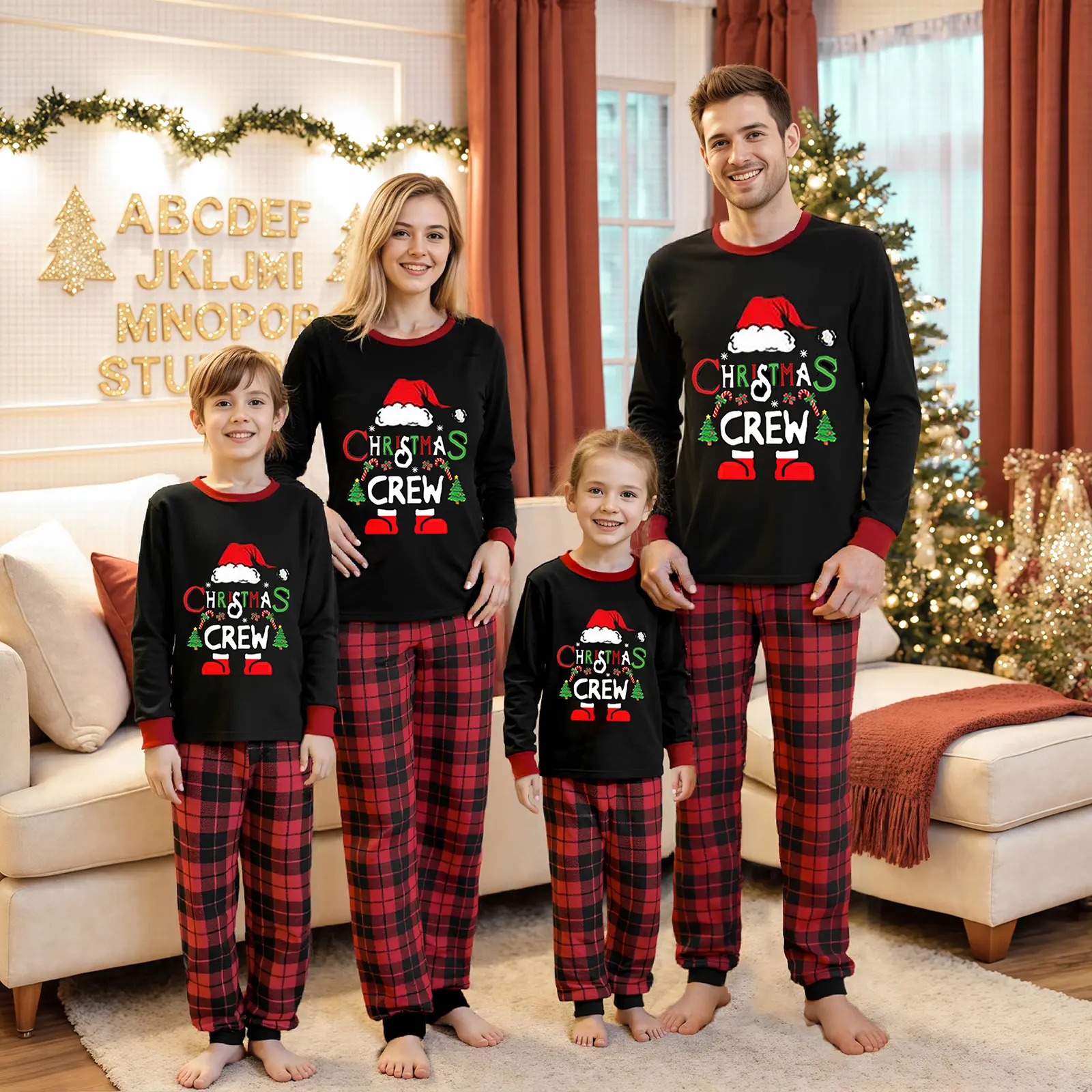 REDWOON Christmas Crew Family Pajamas Christmas Matching 2Piece Set Santa Claus Print Long Sleeve T-Shirt Top + Plaid Pants Sleepwear Soft Nightwear For Xmas Holiday Party Family Gathering