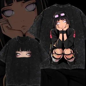 Men's NARUTO Hinata Stylish Oversized Loose-Fitting Short-Sleeve T-Shirt, Retro Washed Cotton Unisex Round Neck Streetwear, Anime Art Graphic Casual Top for Anime Lovers,summervibes Crewneck Pink
