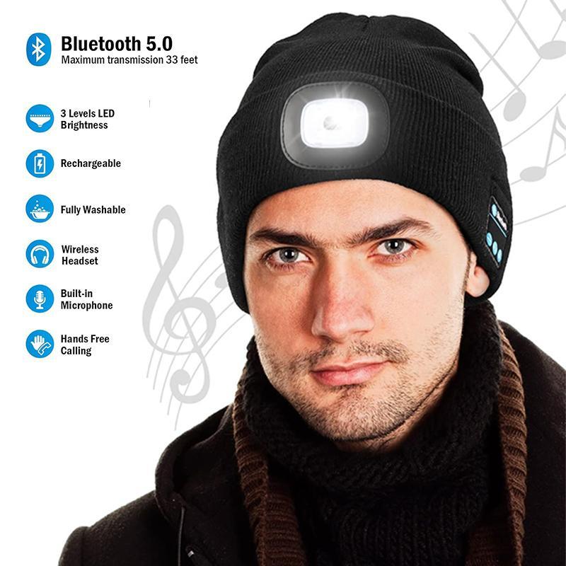 Three-in-one Functional Bluetooth Knitted Hat with 6 LED Lights USB Charging Removable LED Module & Speakers for Versatile Use