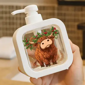 Cute Whimsical Cartoon Highland Cow Design Moisturizing Hand Pump Bottle - Soap Dispenser with Festive Holly Branches, Red Berries, Durable Plastic for Bathroom & Kitchen Decor, Everyday Use, Themed Parties, Playful Christmas Style Soap