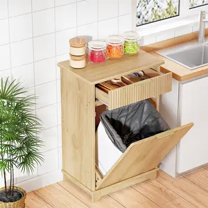 HOOBRO 10 Gallon Tilt-Out Trash Can Cabinet, Hidden Garbage Bin Storage with Drawer and Flip-Down Door with Sensor Light Strip, Dog Proof Trash Can for Kitchen Living Room, Natural
