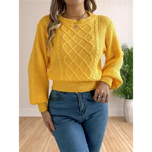 Women's Cable Knit Drop Shoulder Sweater, Casual Long Sleeve Round Neck Jumper for Fall & Winter, Fashion Ladies' Knitwear for Daily Wear