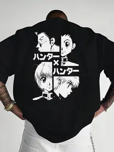 A Men's Short-sleeve T-shirt, 100% Polyester Fabric, Loose Fit, Printed with Japanese Text and Anime Patterns, Fashionable Casual Round-neck Top, Spring and Summer Outdoor Men's Clothing