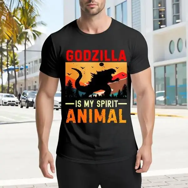 Women's Premium Short-Sleeve Round Neck Casual Graphic Tee - Humorous Godzilla Spirit Animal Streetwear Top, Unique T-Shirt Apparel