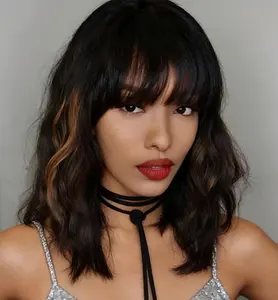 Black Mixed Brown Wig for Women 14 Inch Short Wavy Hair Wigs Curly Bob Wig with Bangs Wigs Shoulder Length Wigs for Black Women Bob Style Synthetic Heat Resistant
