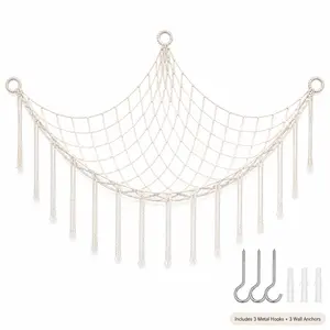Hand-Woven Rope Wall Mounted Triangular Corner Storage Basket, Boho Hanging Net Organizer for Bedroom, Living Room, Dorm Room, Closet & Bathroom, Space-Saving Wall Hammock for Lightweight Blankets, Towels, Pillows & Home Decor