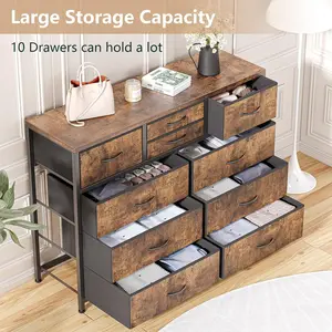 Rustic Brown 47.2 in Dresser TV Stand - 10 Fabric Drawers, Sturdy Base, Anti-Tip Safety, Adjustable ft, Wood Top, Ample Storage, Media Console Entertainment Center for TVs Up to 55 Inches