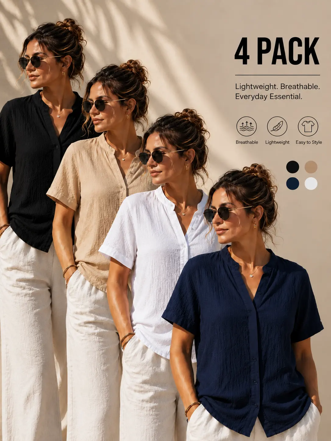 Women's 4-Pack Short Sleeve Blouses, Lightweight Breathable Textured Womenswear, Casual Loose V-Neck Button-Down Tops for Vacation, Everyday Wear