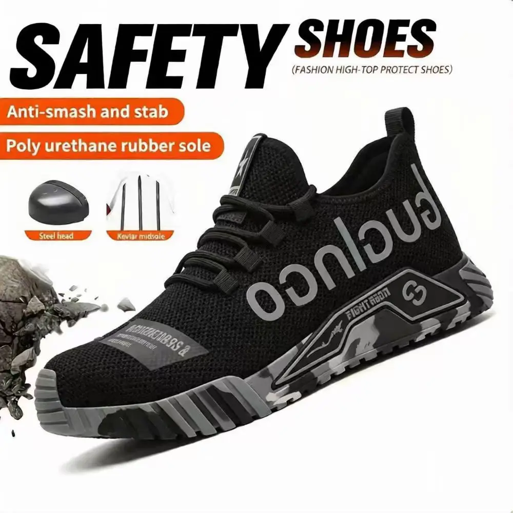 Men Sports Safety Work Shoes, Breathable Knitted Upper, Steel Toe Anti‑Smashing Anti‑Piercing, Shock‑Absorbing Wear‑Resistant Non‑Slip Working Footwear