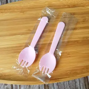 200PCS Disposable Plastic Sporks Individually Wrapped Durable Mini Spork 2 in 1 Forks and Spoons for Desserts Yogurt Ice Cream Fruit Salad Birthday Cake Pink
