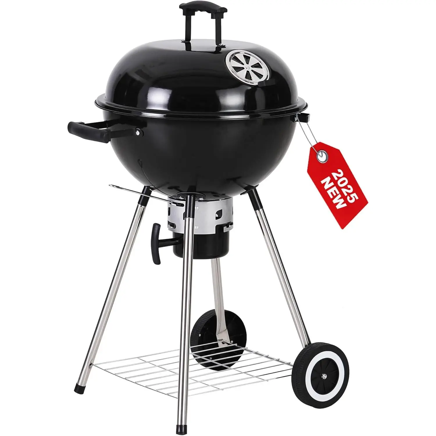 18 inch Kettle Charcoal BBQ Grill with Wheels, Portable Charcoal Grill with Porcelain-Enameled Lid & Ash Catcher for Outdoor Cooking Barbecue Camping Picnics Tailgating