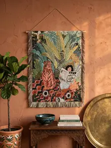 Tiger Woven Tapestry, Green Jungle Wall Hanging, Vintage Maximalist Decor, Botanical Tropical Art, Boho Aesthetic Blanket, Cottagecore Gift